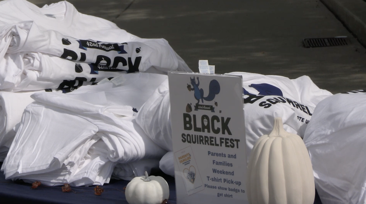 T-shirts are displayed on tables at the 42nd annual Black Squirrel Fest on Sept. 20, 2024.